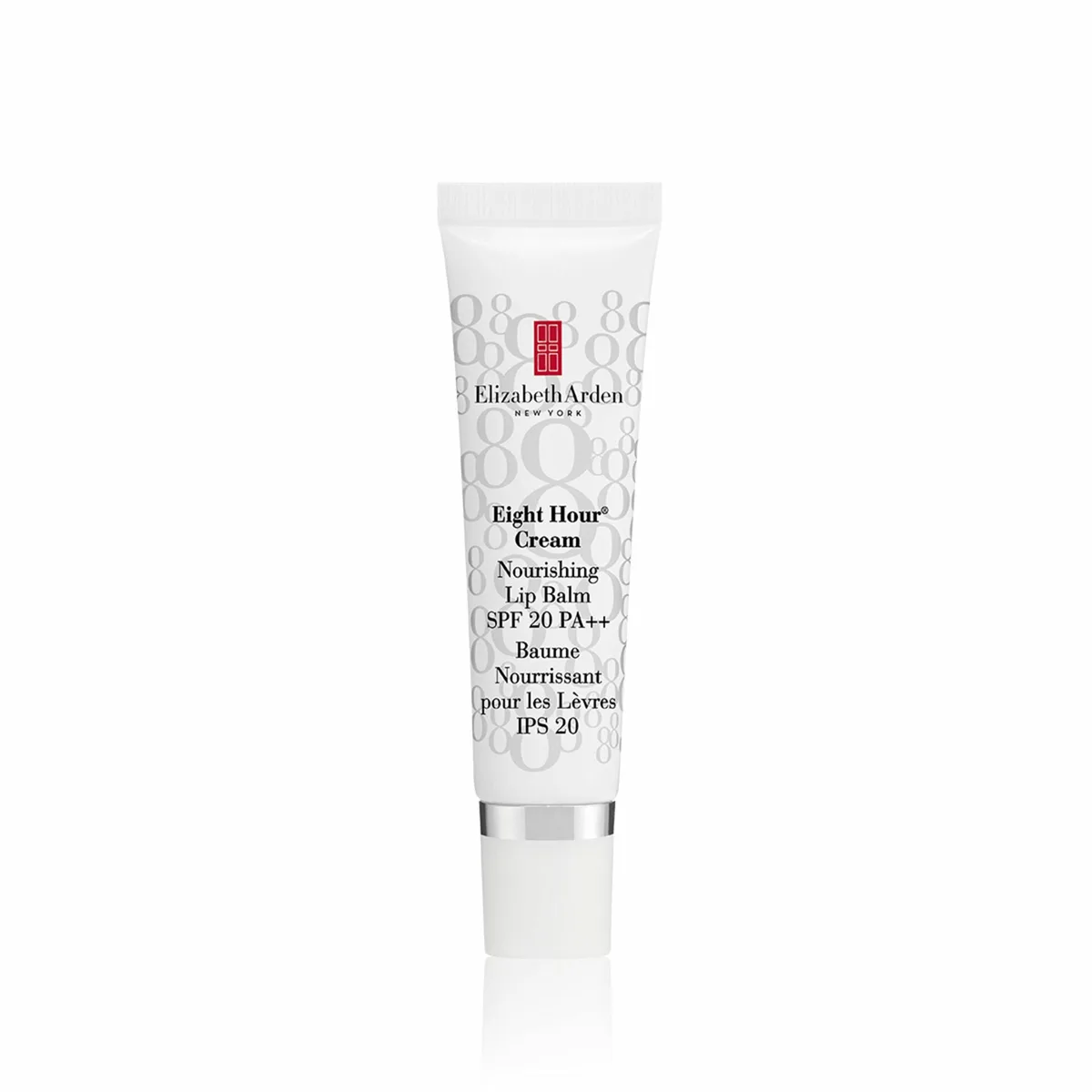 Elizabeth Arden Eight Hour Cream Nourishing Lip Balm SPF 20 white figure-eight patterned squeeze tube with silver band on white