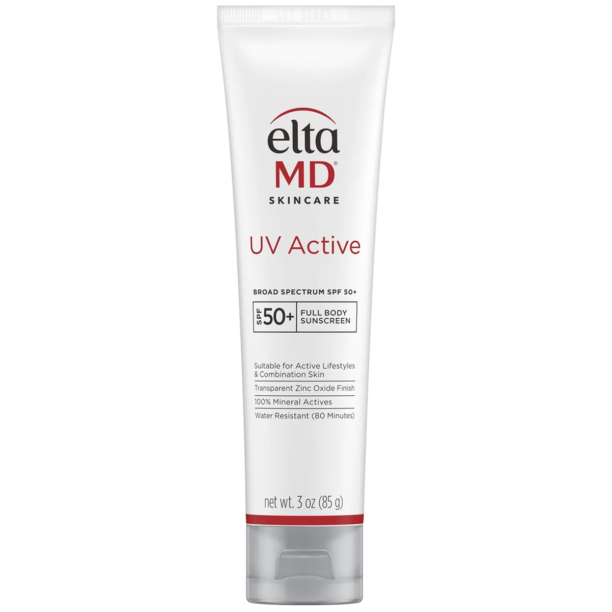 EltaMD UV Active Broad-Spectrum SPF 50+ mineral sunscreen tube on white background