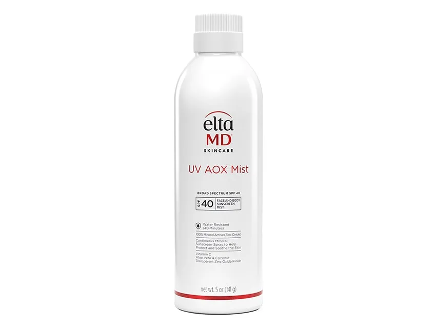EltaMD UV AOX Mist Broad-Spectrum SPF 40 sunscreen spray can on white background