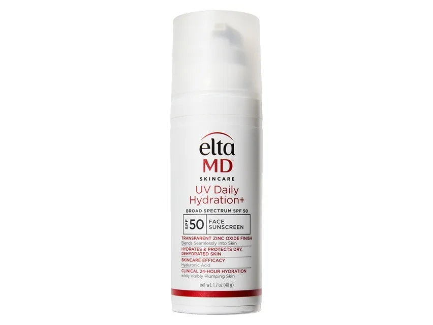 EltaMD UV Daily Hydration+ SPF 50 sunscreen tube on white background
