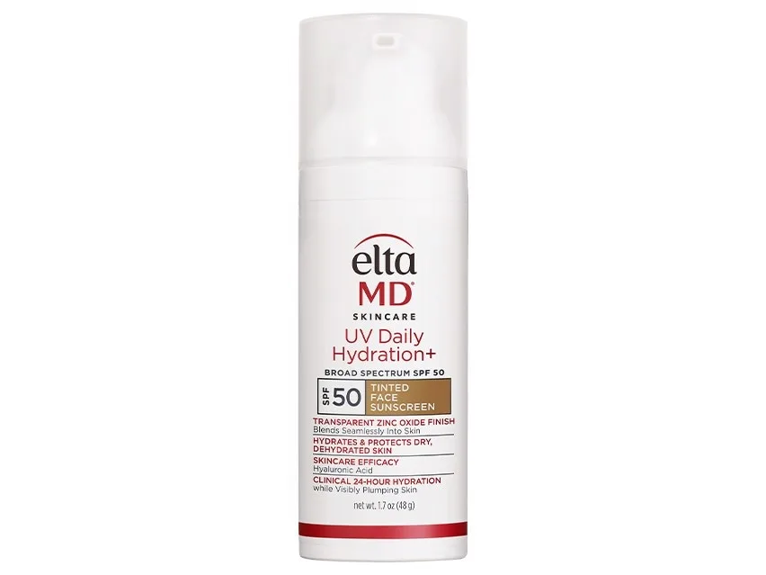 EltaMD UV Daily Hydration+ Tinted SPF 50 sunscreen pump bottle on white background