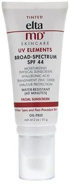 EltaMD UV Elements Broad-Spectrum SPF 44 tinted mineral sunscreen in white squeeze tube