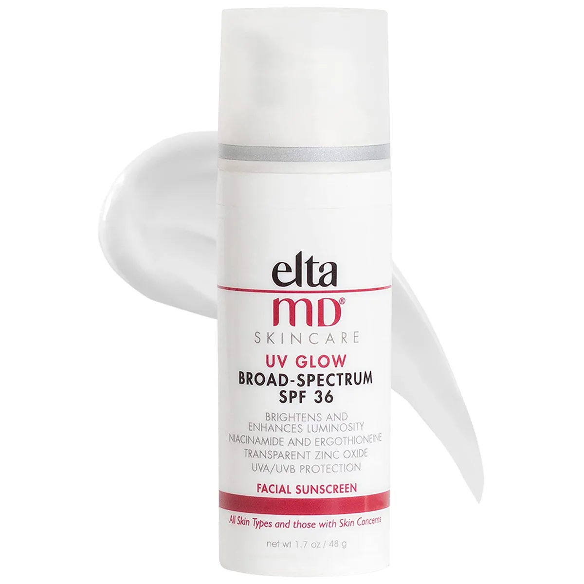 EltaMD UV Glow Broad-Spectrum SPF 36 in white pump bottle with rose-gold accents
