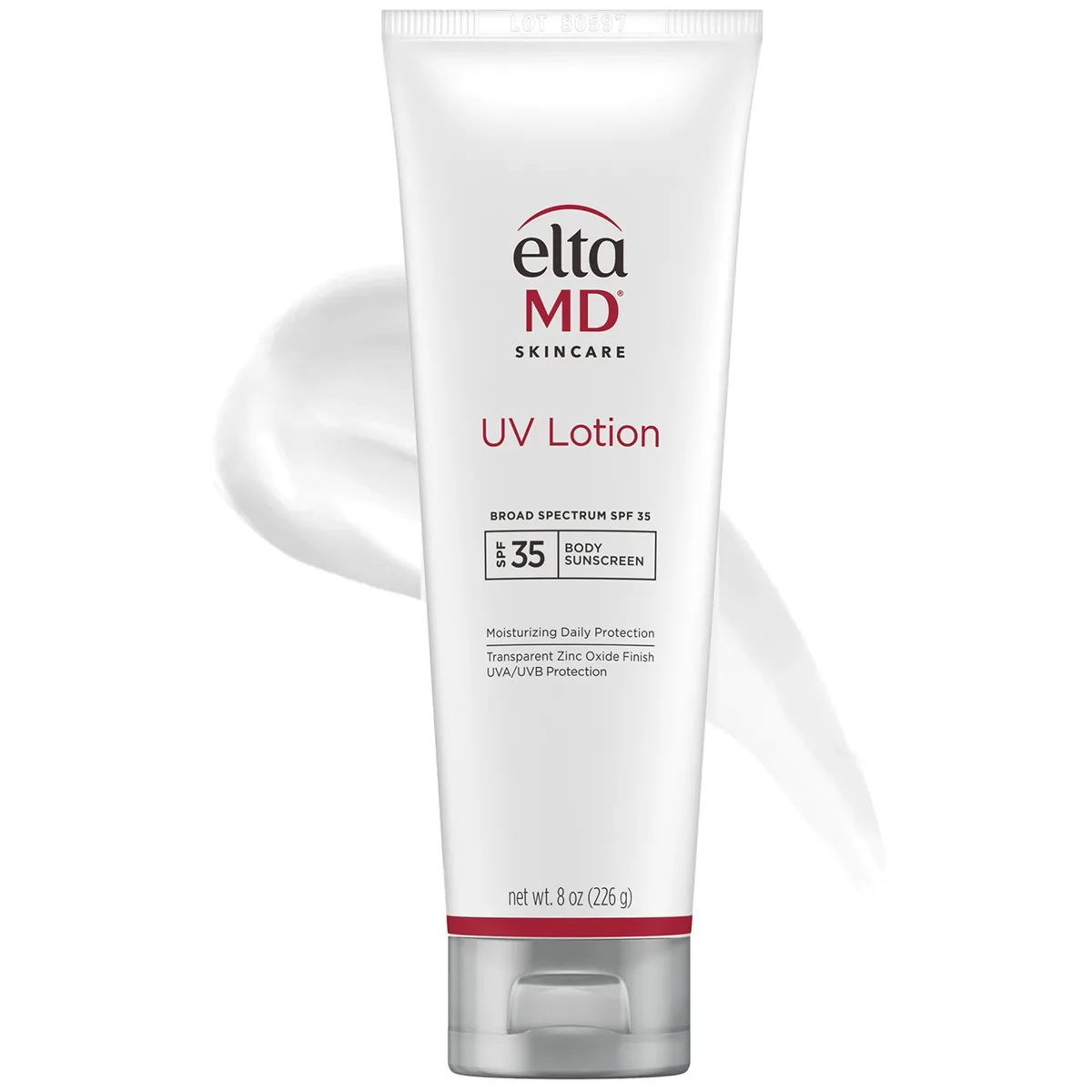 EltaMD UV Lotion Broad-Spectrum SPF 30+ body sunscreen tube on white background