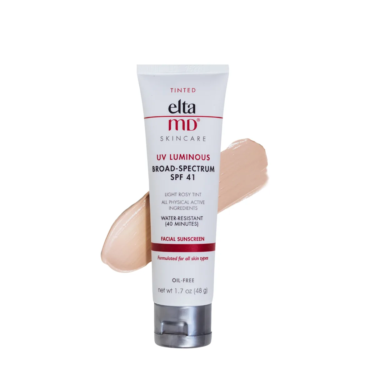 EltaMD UV Luminous Broad-Spectrum SPF 41 in white squeeze tube with pink-rose accent