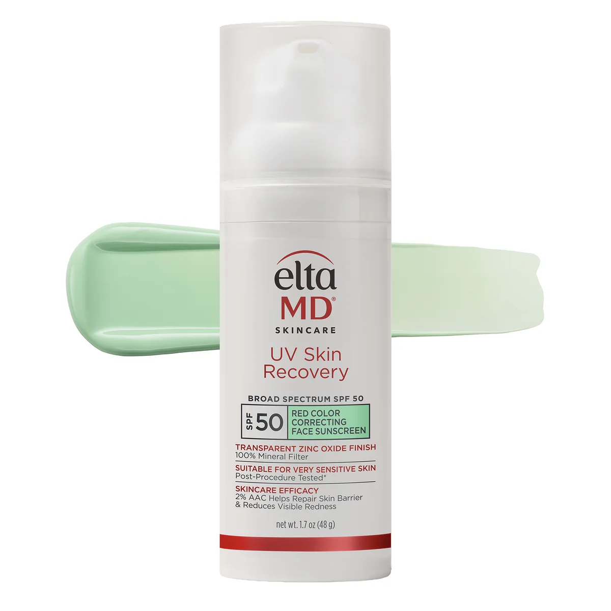 EltaMD UV Skin Recovery Red Color Correcting Green Tint Broad-Spectrum SPF 50 tube on white background
