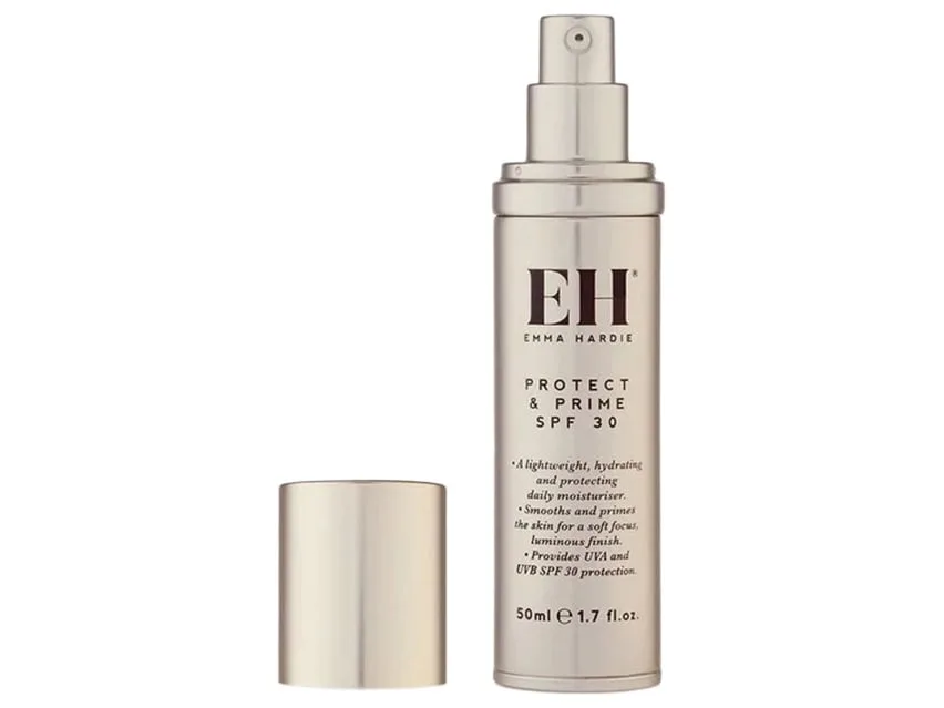 Emma Hardie Protect & Prime SPF 30 tube, three-in-one British moisturizer, blurring primer and chemical sunscreen with mongongo oil, oat extract, and vitamin E