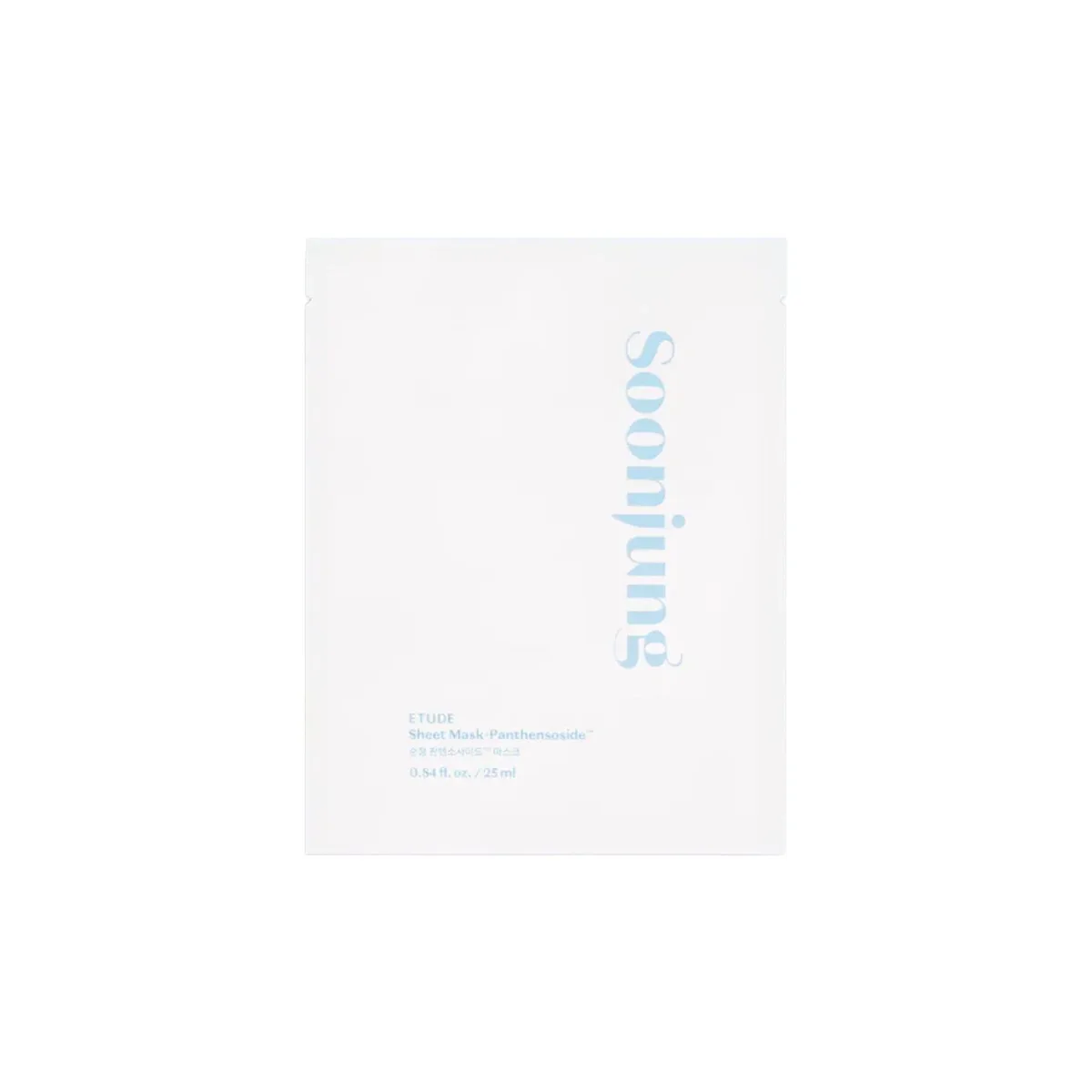 Etude SoonJung Sheet Mask Panthensoside white sachet with pale blue lettering, 25 mL