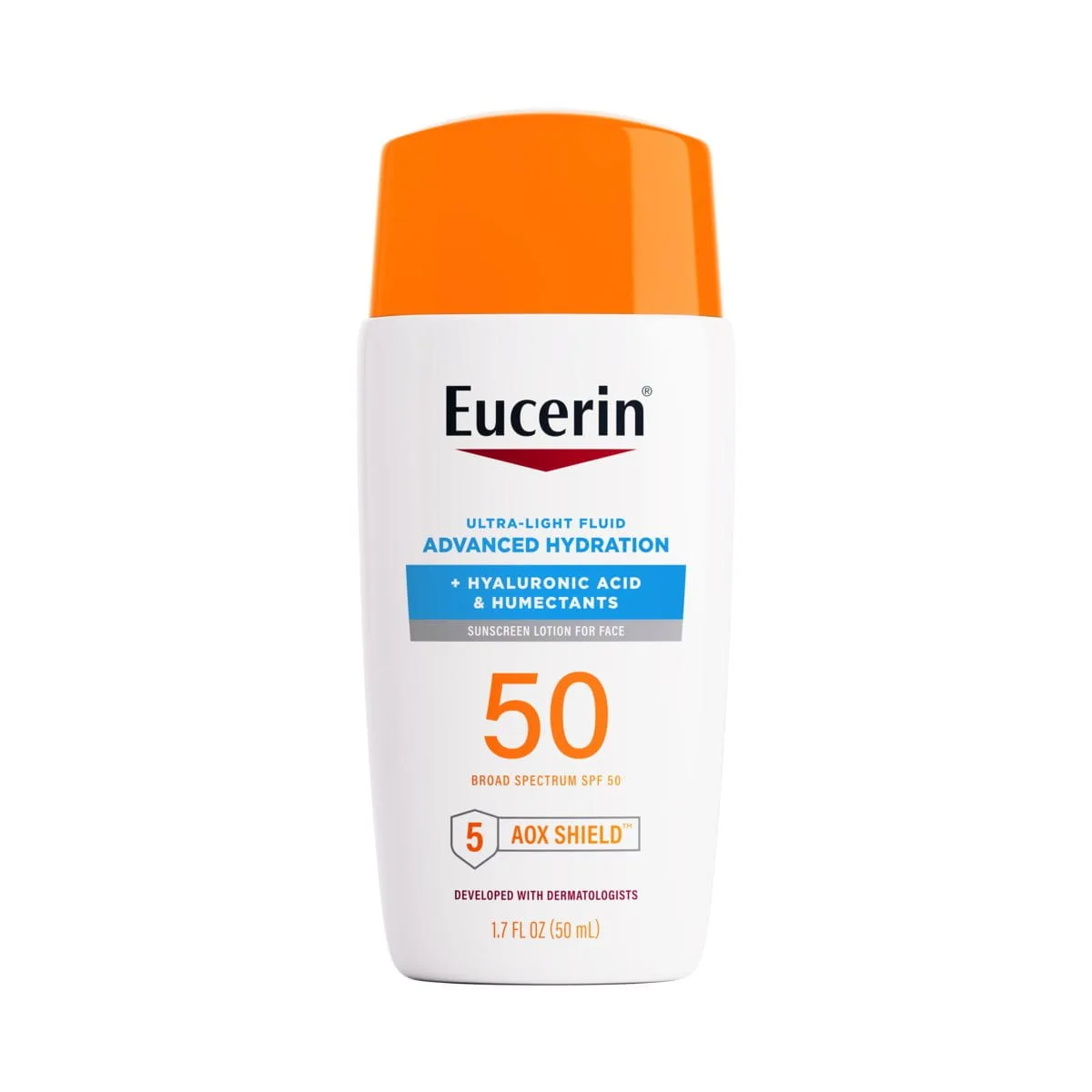 Eucerin Advanced Hydration Ultra-Light SPF 50 Face Sunscreen bottle on white background