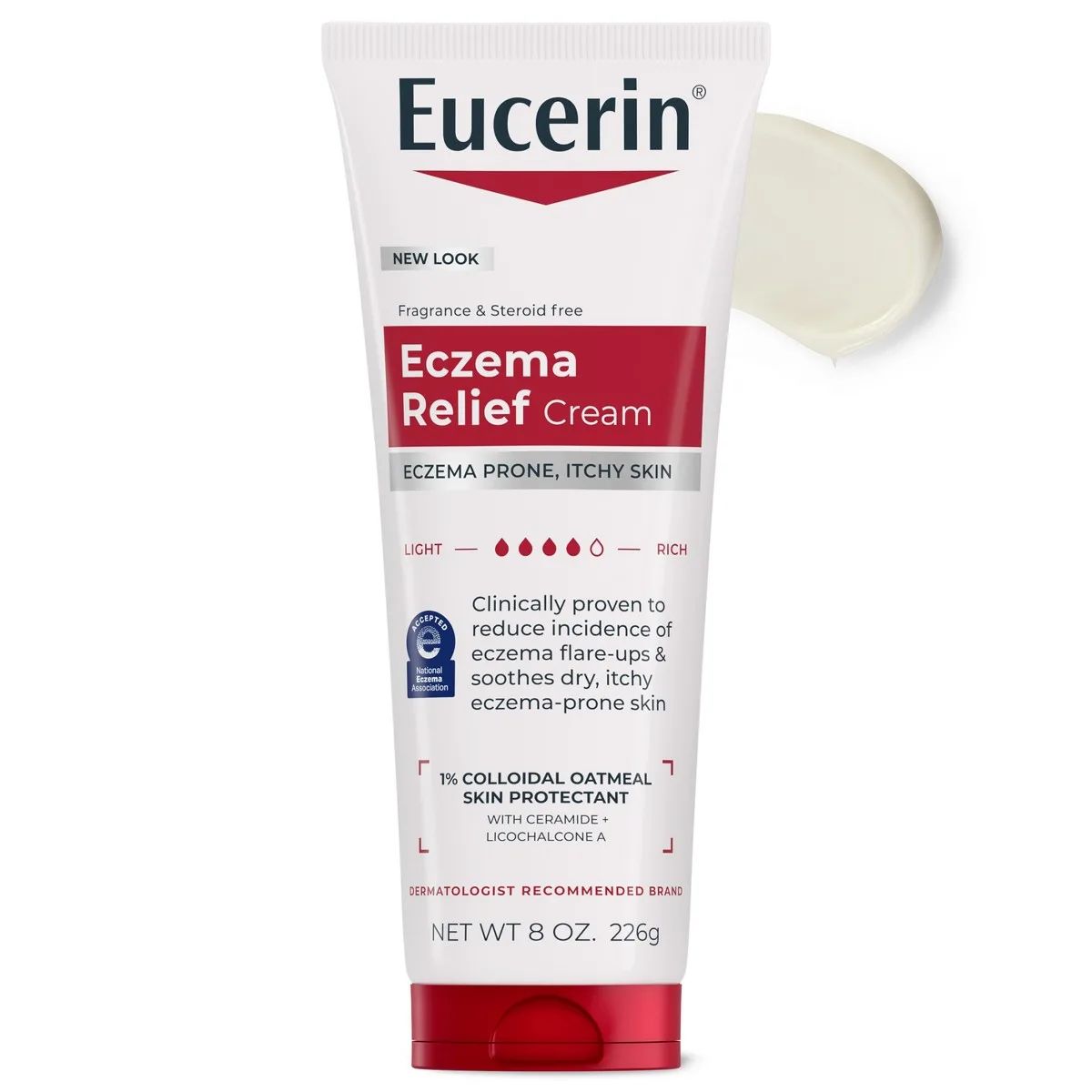 Eucerin Eczema Relief Cream in white tube with blue accents and National Eczema Association seal