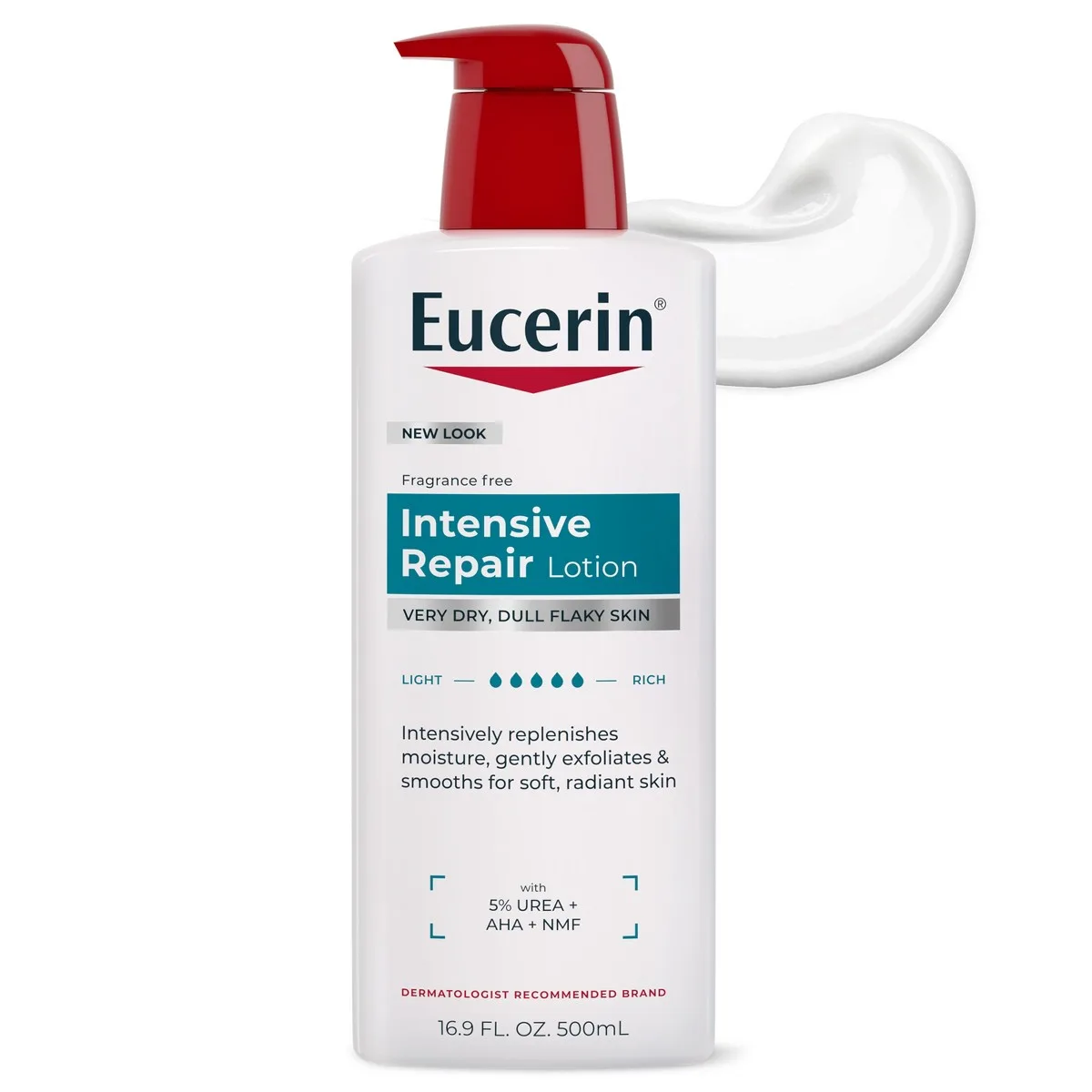 Eucerin Intensive Repair Lotion in white pump bottle with blue accents
