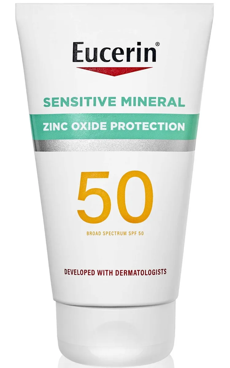 Eucerin Sensitive Mineral Sunscreen Lotion SPF 50 tube on white background