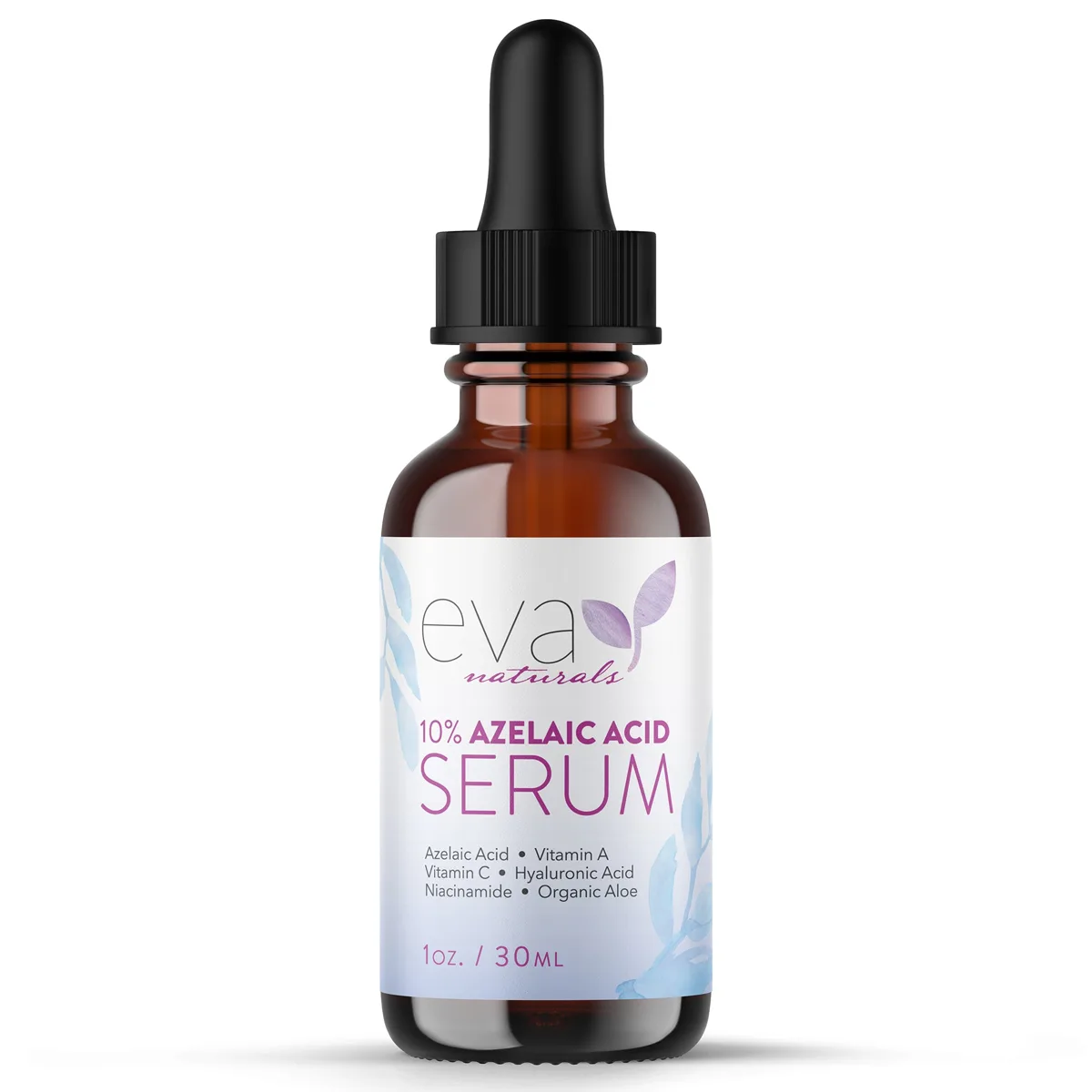 Eva Naturals 10% Azelaic Acid Serum amber glass dropper bottle with blue and purple label