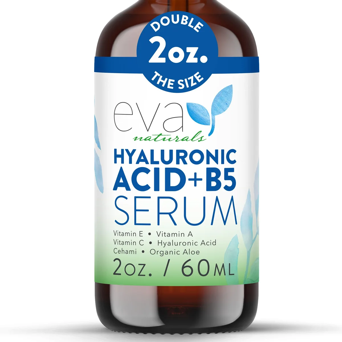 Close view of the Eva Naturals Hyaluronic Acid + B5 Serum 60ml amber glass bottle label
