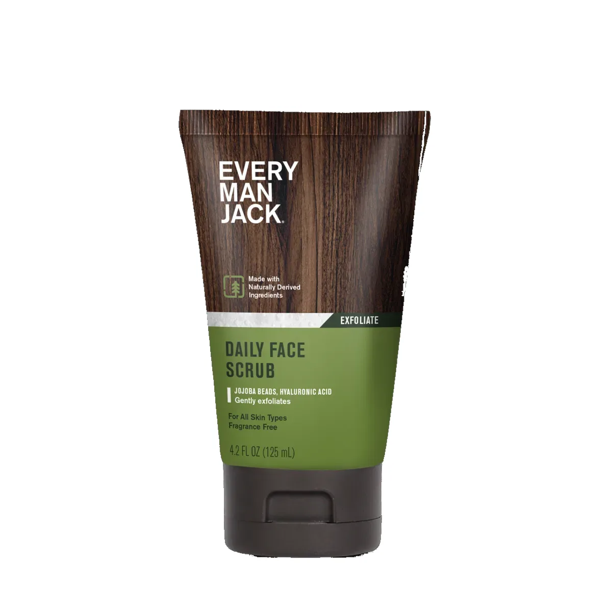 Every Man Jack Face Scrub tube, drugstore men's gel exfoliating scrub with biodegradable jojoba beads, hyaluronic acid, caffeine, peppermint, and aloe