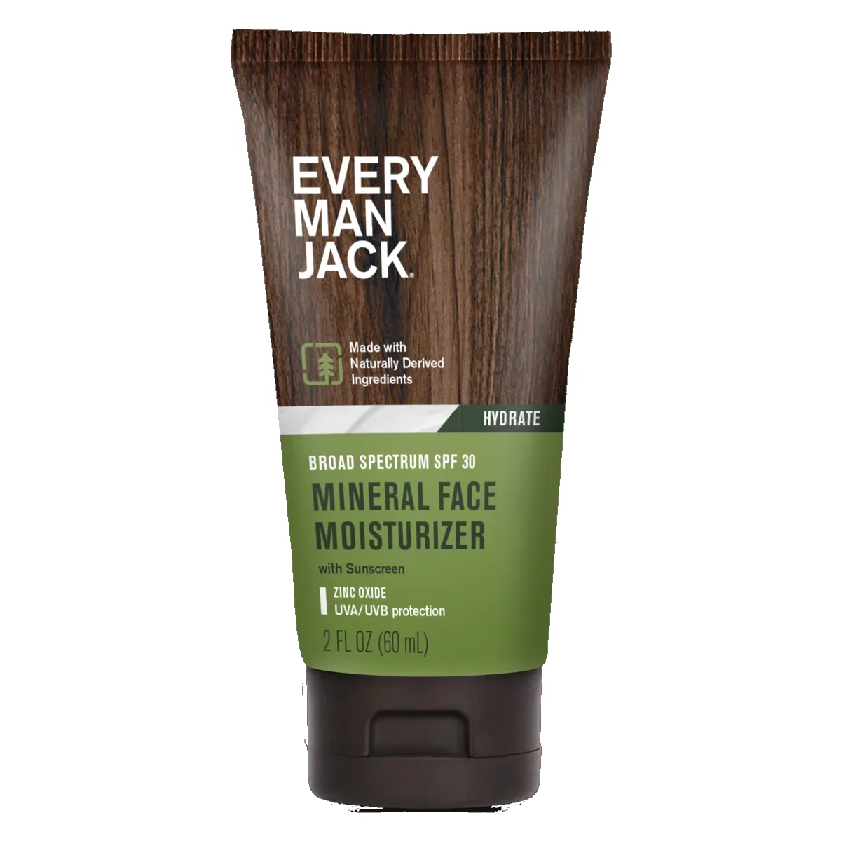 Every Man Jack SPF 30 Mineral Face Lotion tube, drugstore men's mineral SPF moisturizer with zinc oxide, squalane, shea butter, and panthenol