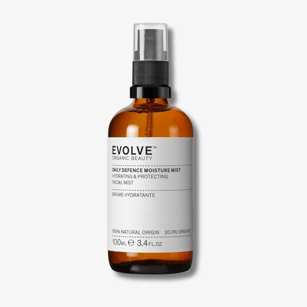 Evolve Organic Beauty Daily Defence Moisture Mist bottle, a refillable natural hydrating mist with hyaluronic acid and a chicory-root prebiotic