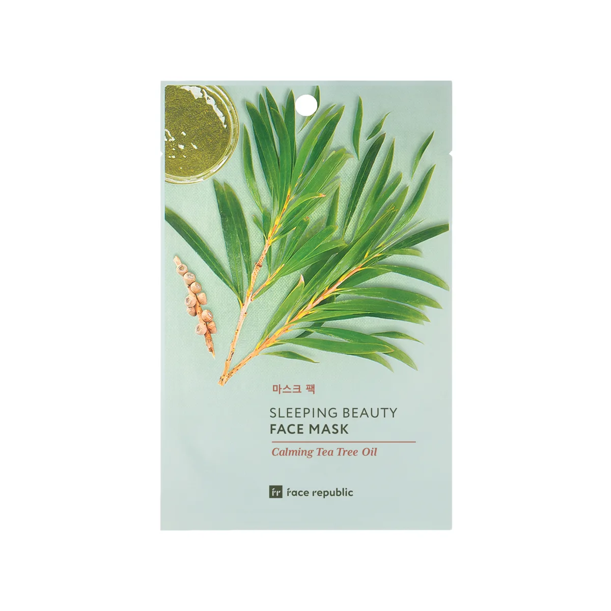 Face Republic Sleeping Beauty Face Mask Calming Tea Tree Oil single sage-green pouch with tea tree sprig illustration, 23 ml