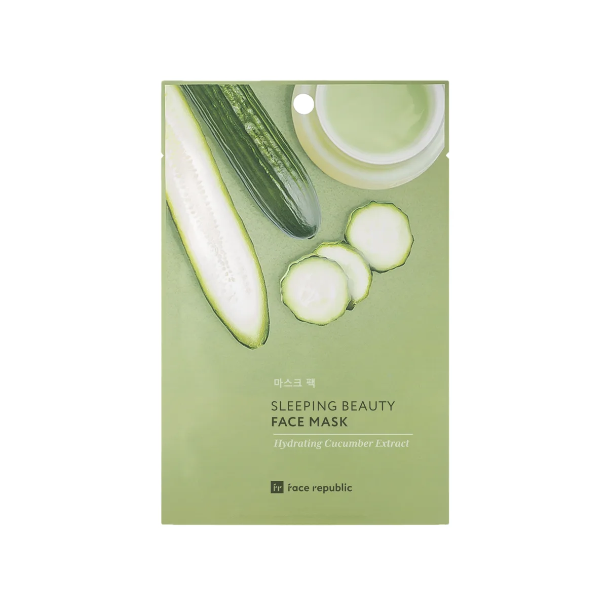 Face Republic Sleeping Beauty Face Mask Hydrating Cucumber Extract single pale-green pouch with cucumber slice illustration, 23 ml