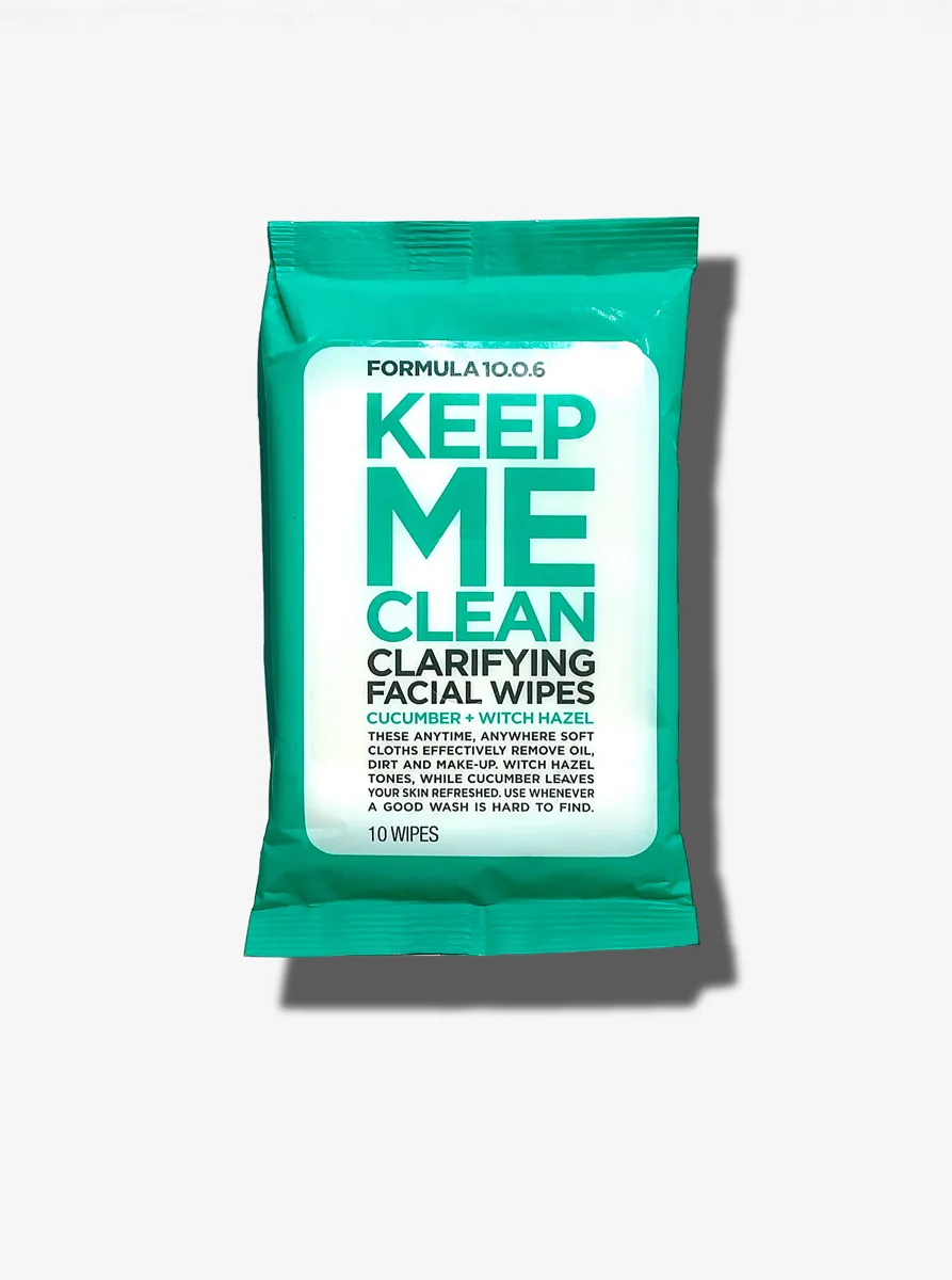 Formula 10.0.6 Keep Me Clean clarifying facial wipes ten-count green pack on white background