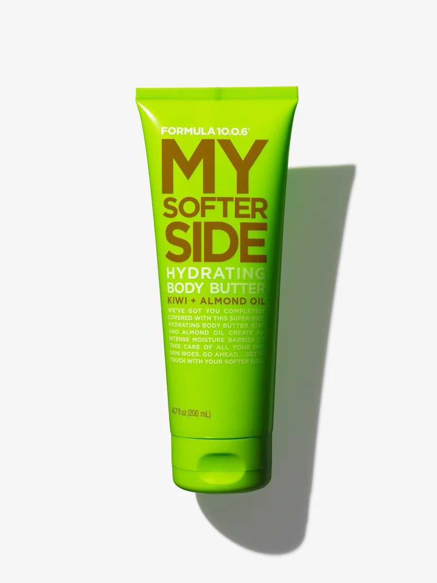 Formula 10.0.6 My Softer Side kiwi and almond oil hydrating body butter green tube on white background
