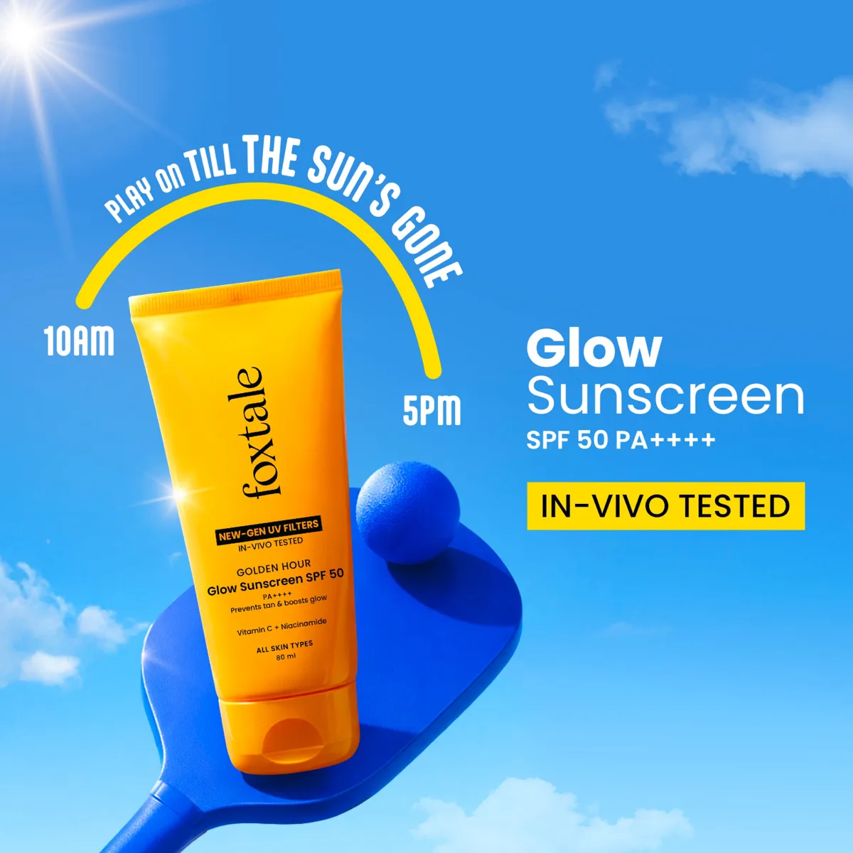 Foxtale Glow Sunscreen SPF 50 PA++++ tube, a bestselling no-white-cast glow sunscreen with Tinosorb M, niacinamide and vitamin C