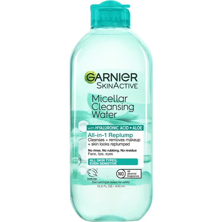 Garnier SkinActive Micellar Cleansing Water with Hyaluronic Acid + Aloe bottle, drugstore hydrating micellar with sodium hyaluronate, glycerin, and aloe barbadensis