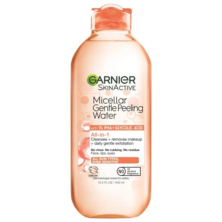 Garnier SkinActive Micellar Gentle Peeling Water bottle, drugstore multi-acid exfoliating micellar with 1% PHA gluconolactone, glycolic acid, papain enzymatic, and pineapple bromelain