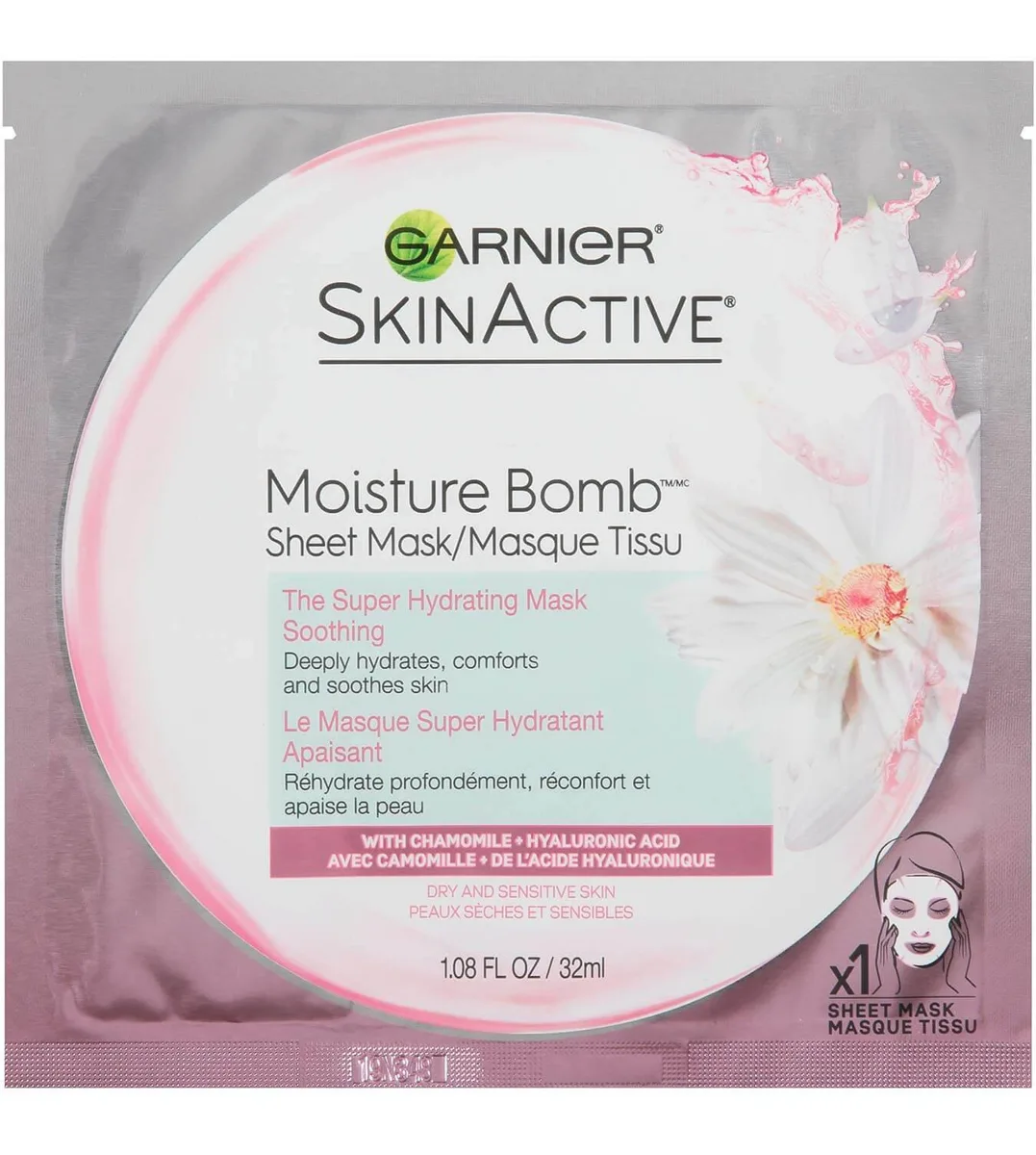 Garnier SkinActive Moisture Bomb The Super Soothing Hydrating Sheet Mask with chamomile sachet on white background
