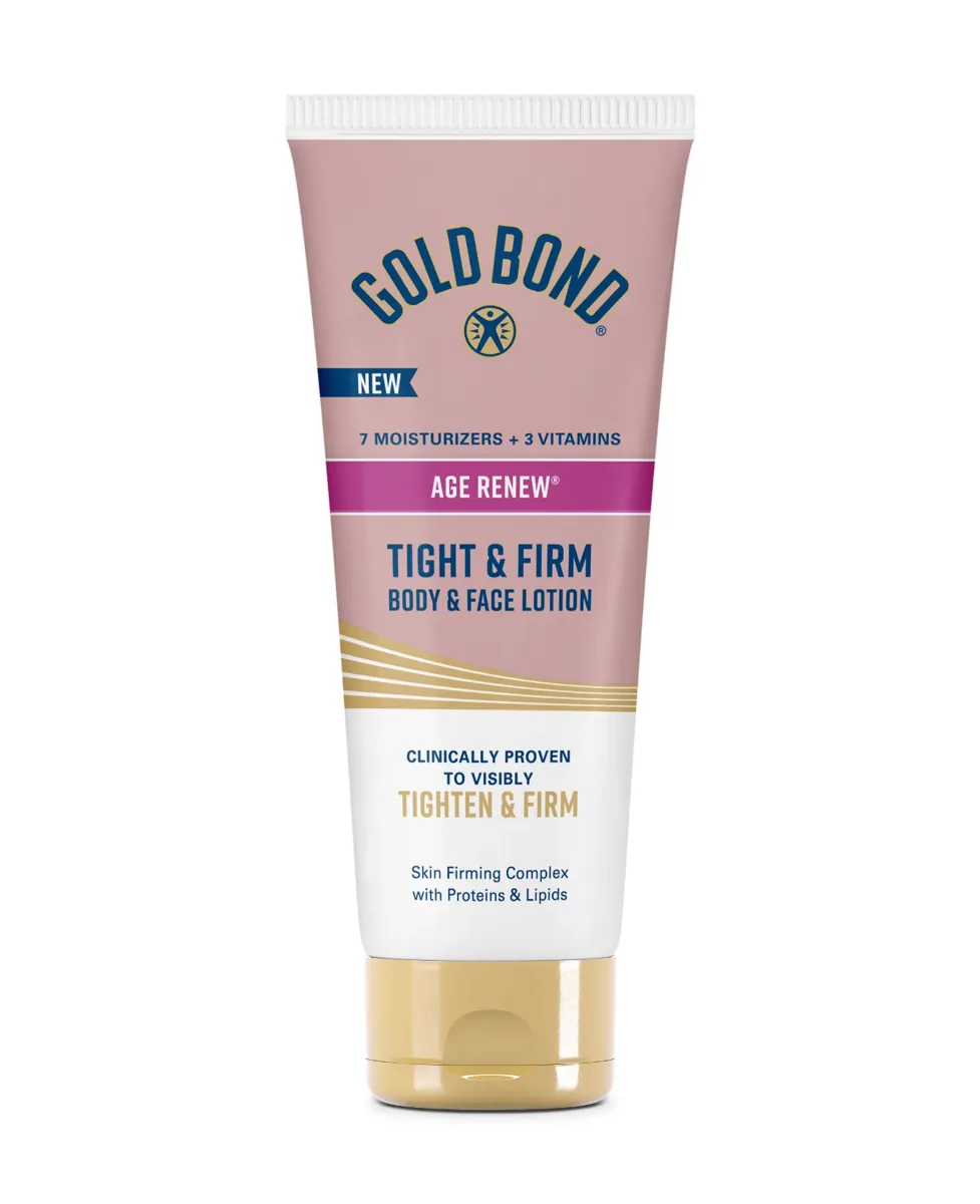 Gold Bond Age Renew Tight & Firm Body & Face Lotion bottle, drugstore firming body and face lotion with whey protein, CoQ10, stable vitamin C, Selaginella resurrection plant extract, and multi-botanical chassis