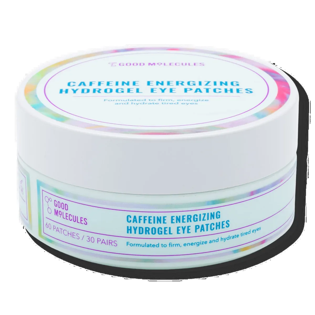 Good Molecules Caffeine Energizing Hydrogel Eye Patches jar with golden hydrogel patches visible inside