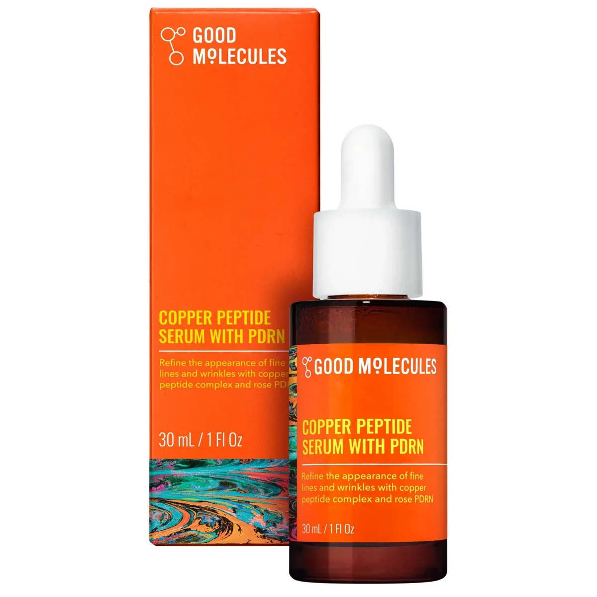 Good Molecules Copper Peptide Serum with PDRN 30 mL amber dropper bottle with orange carton
