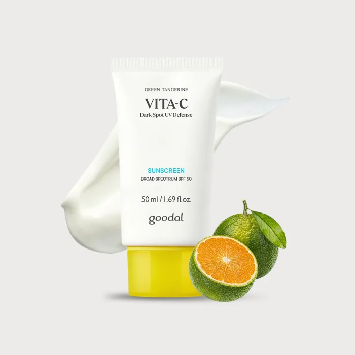 Goodal Green Tangerine Vita C Dark Spot UV Defense Sunscreen SPF 50 white 50 mL tube with yellow cap