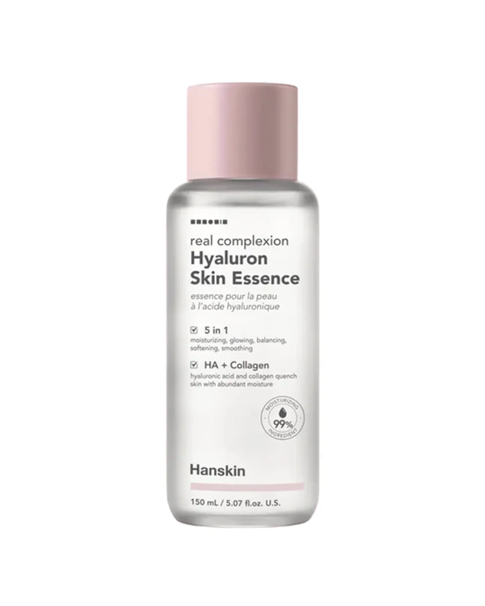 Hanskin Real Complexion Hyaluron Skin Essence bottle, fragrance-free Korean hydrating essence with multi-weight hyaluronic acid and hydrolyzed collagen
