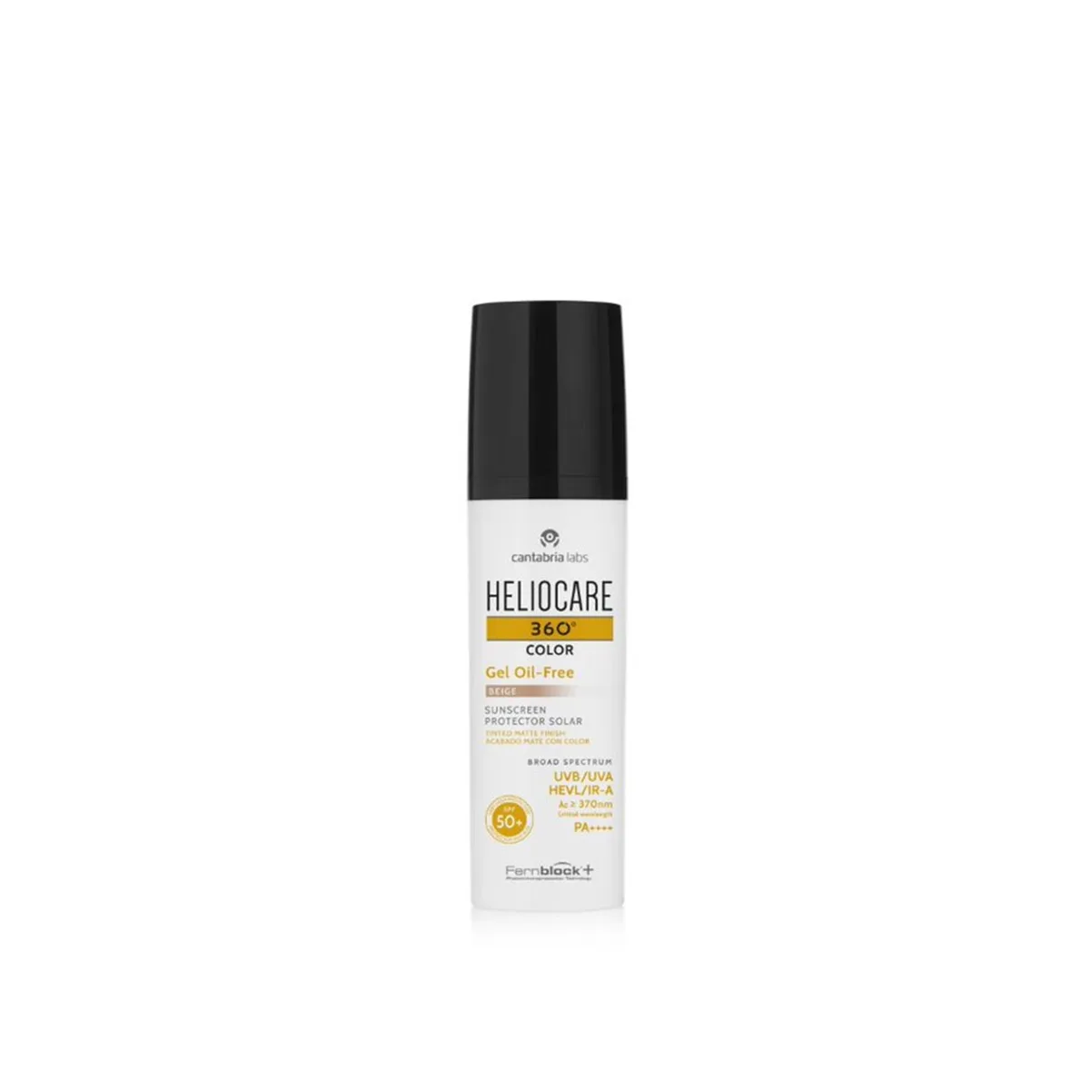 Heliocare 360 Color Gel Oil-Free SPF 50+ tinted sunscreen tube, a mattifying broad-spectrum gel with iron oxides for visible-light protection, seven UV filters and Fernblock
