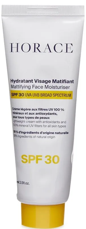 Horace Mattifying Face Moisturiser SPF30 tube, French men's vegan mineral sunscreen moisturizer with zinc oxide, silica, salicylic acid, and karanja oil