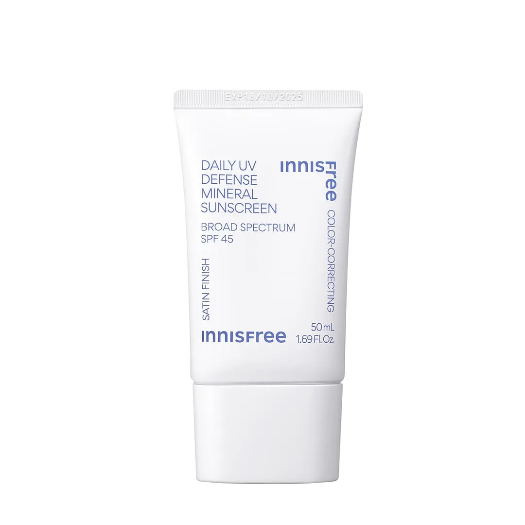 Innisfree Daily UV Defense Mineral Sunscreen Broad Spectrum SPF 45 50ml tube packaging