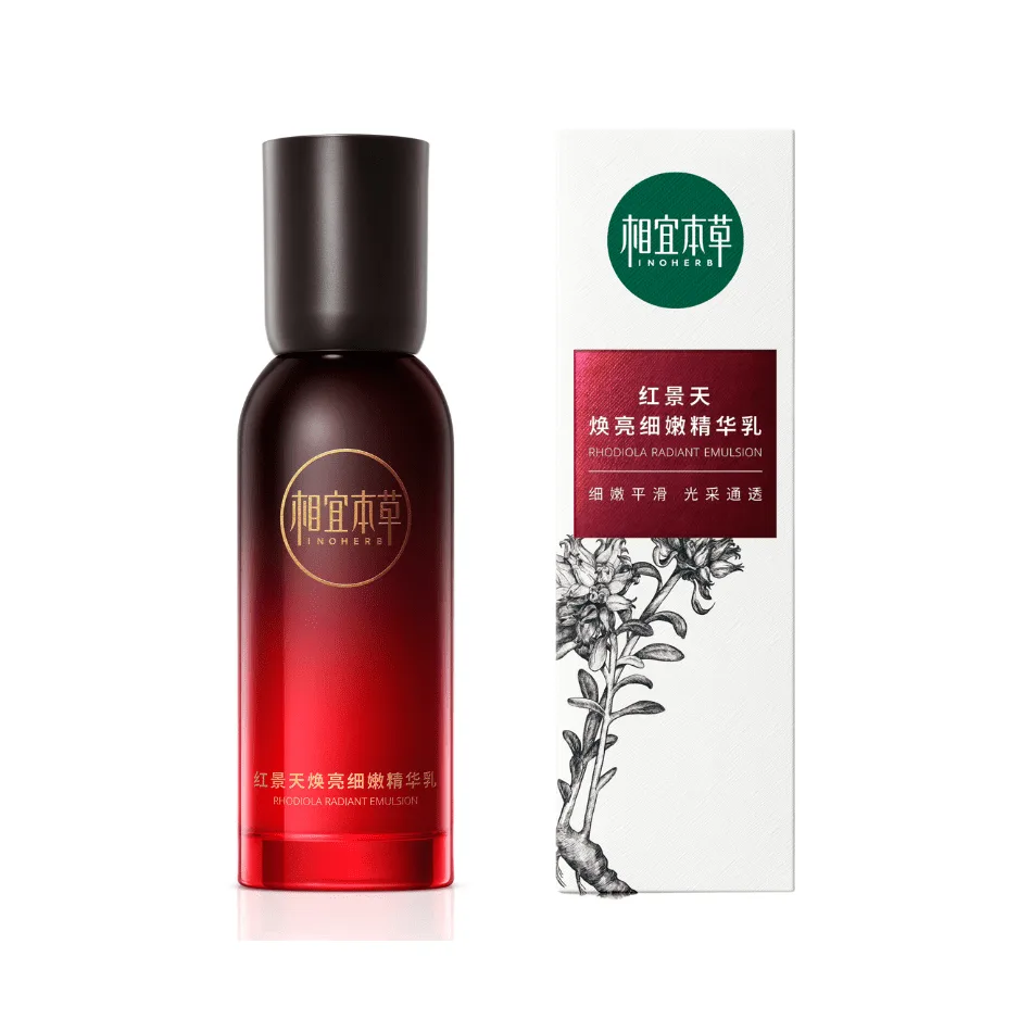 Inoherb Rhodiola Radiant Emulsion in a gradient red glass pump bottle beside its white box with a rhodiola illustration