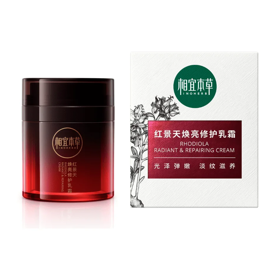 Inoherb Rhodiola Radiant & Repairing Cream in a gradient red airless jar beside its white box with a rhodiola drawing