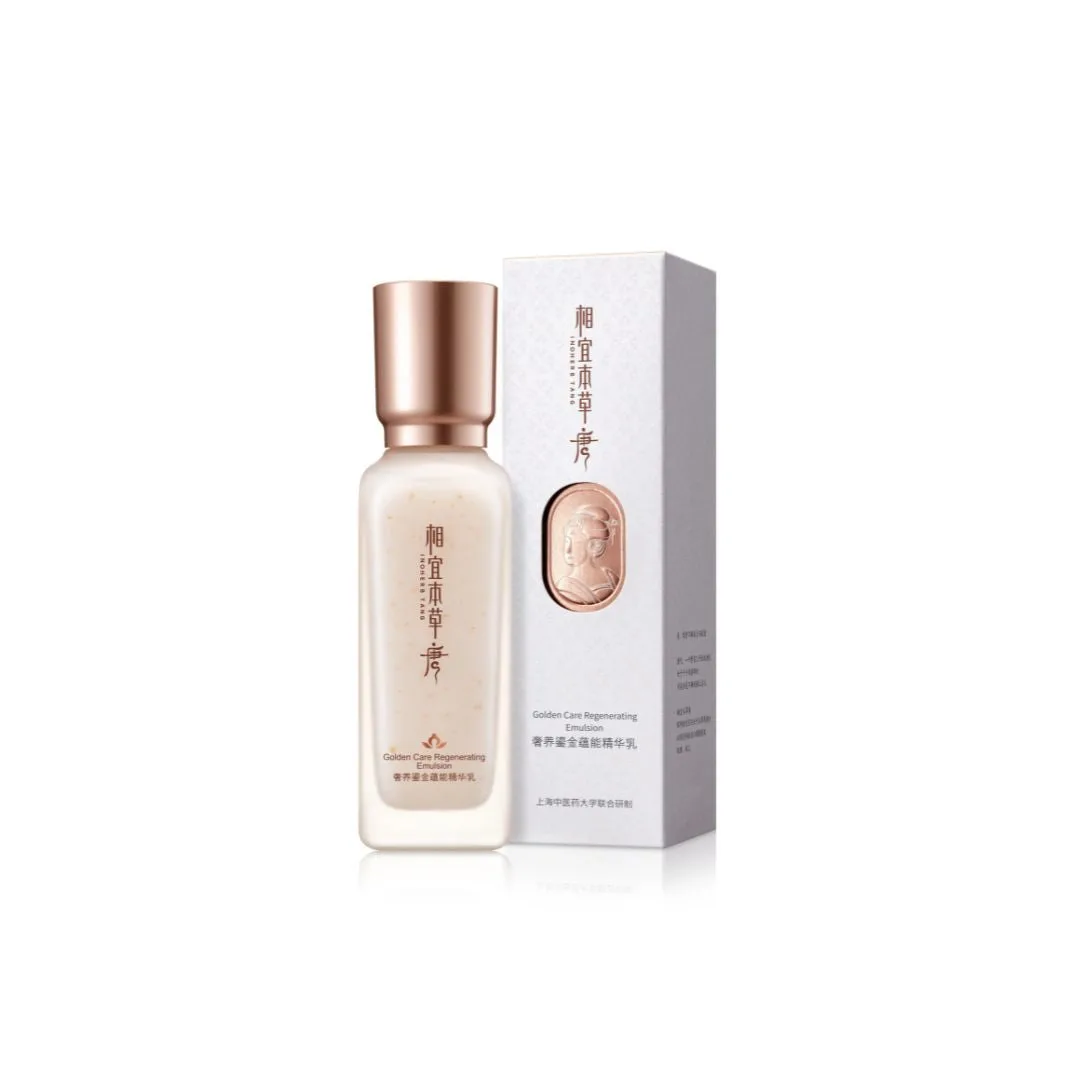 Inoherb Tang Golden Care Regenerating Emulsion tall faceted glass bottle with gold flecks and rose-gold cap