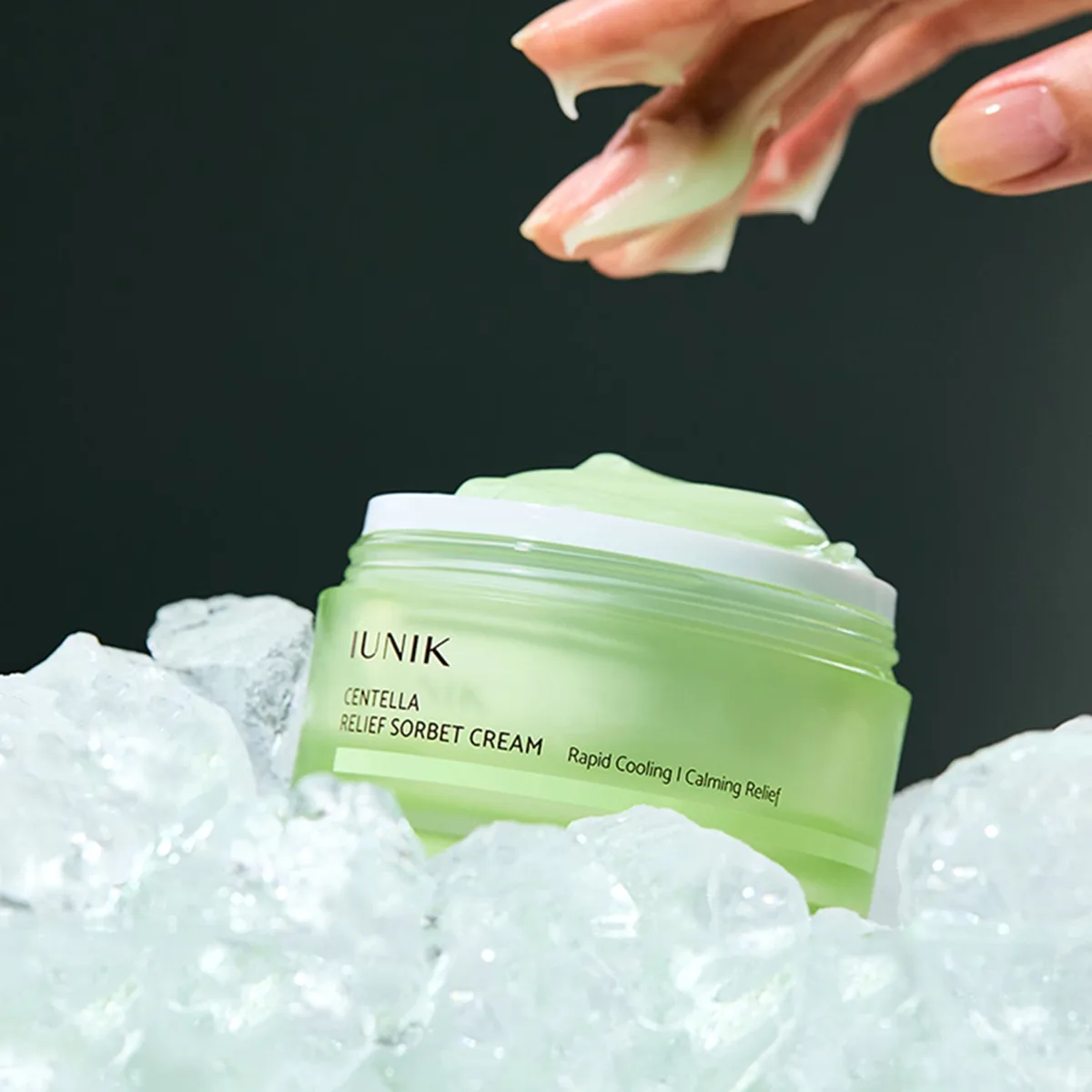 IUNIK Centella Relief Sorbet Cream tub, K-beauty lightweight sorbet-texture cream with centella asiatica, azulene, niacinamide, panthenol, and ceramide NP