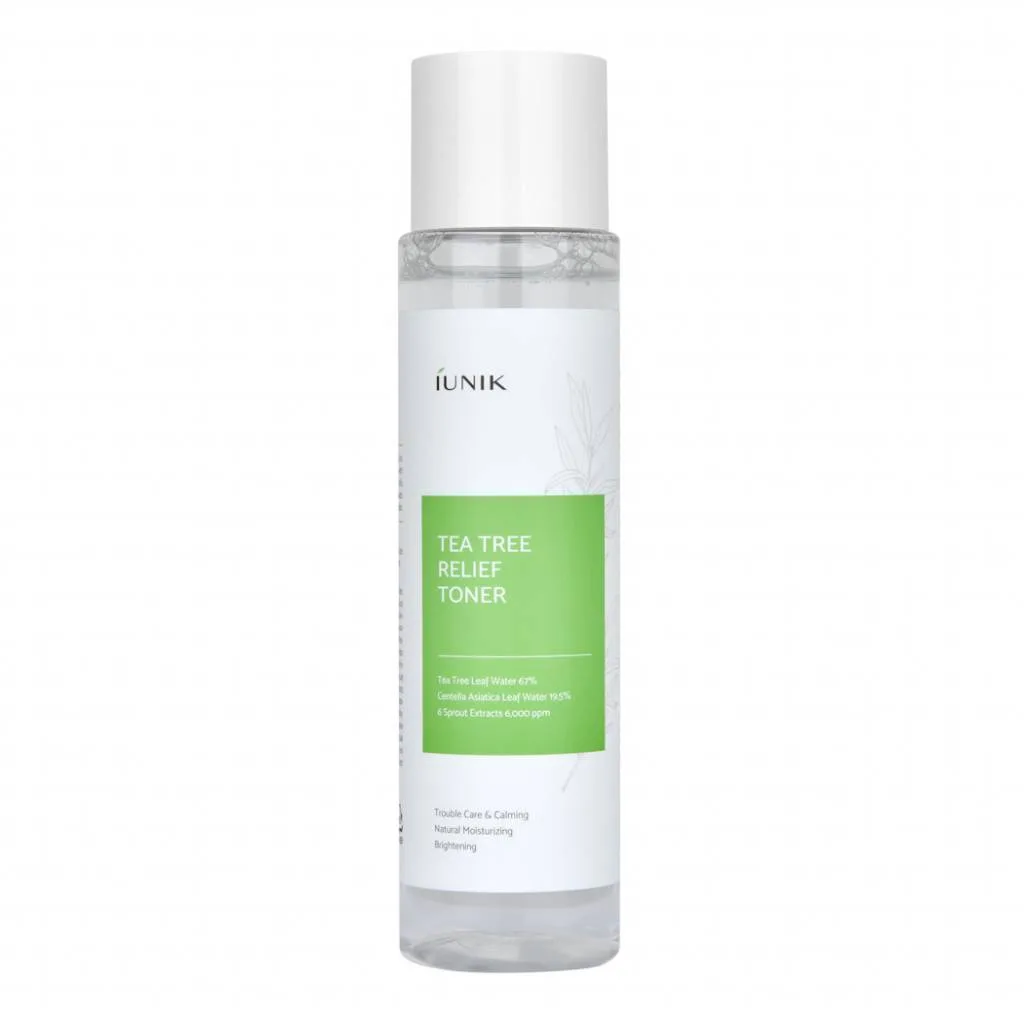 IUNIK Tea Tree Relief Toner bottle, K-beauty acne-targeted toner with 67% tea tree leaf water, 20% centella asiatica leaf water, niacinamide, and multi-botanical soothing extracts