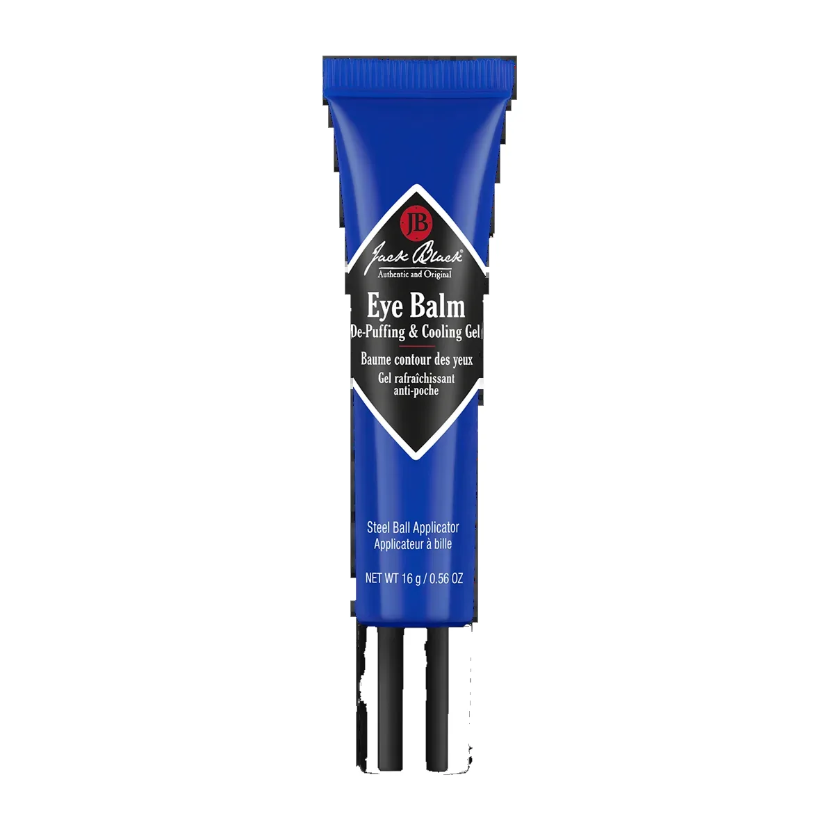 Jack Black Eye Balm De-Puffing & Cooling Gel tube with rollerball applicator