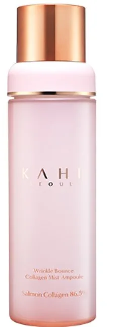KAHI Wrinkle Bounce Collagen Mist Ampoule spray bottle, a K-beauty treatment mist with marine collagen, niacinamide, nine hyaluronic acids, and adenosine