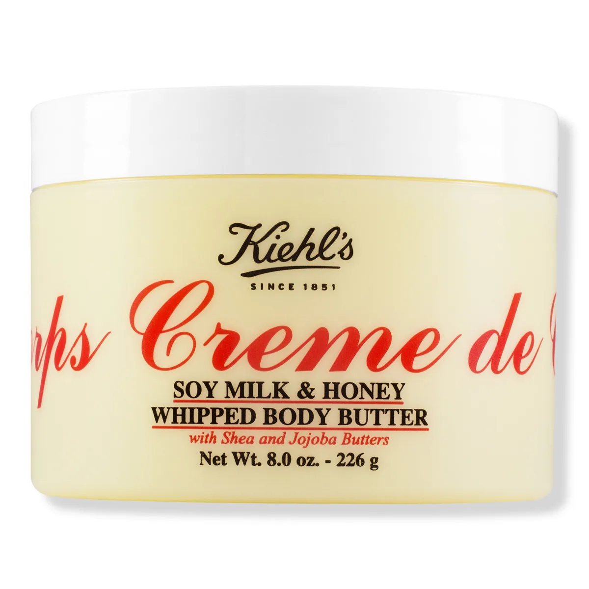 Kiehl's Creme de Corps Soy Milk & Honey Whipped Body Butter jar on white background
