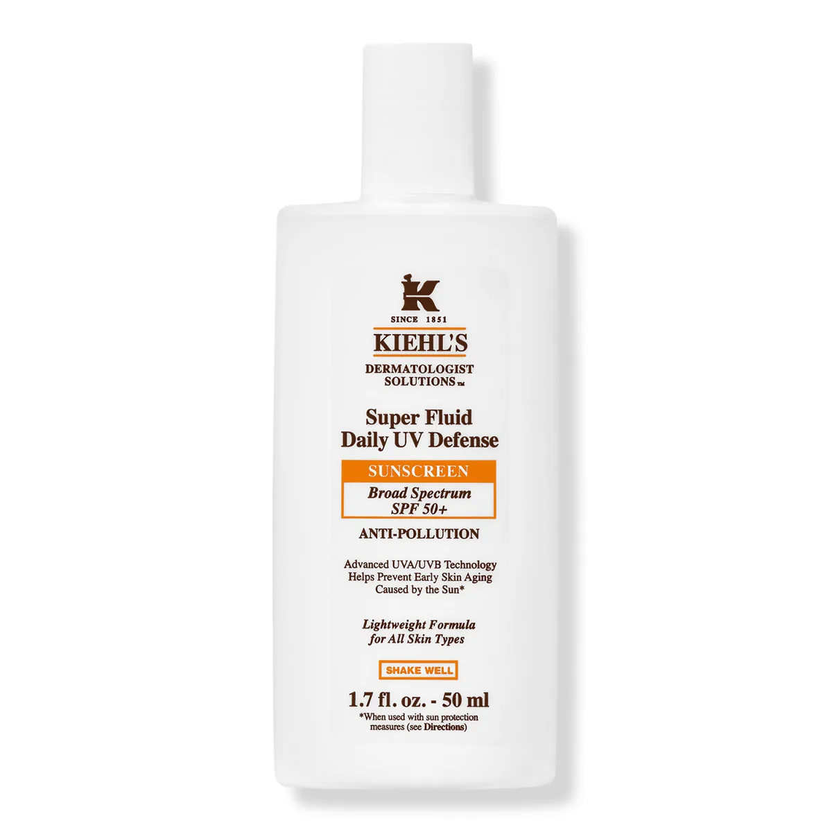 Kiehl's Super Fluid UV Defense Daily Facial Sunscreen SPF 50+ tube on white background