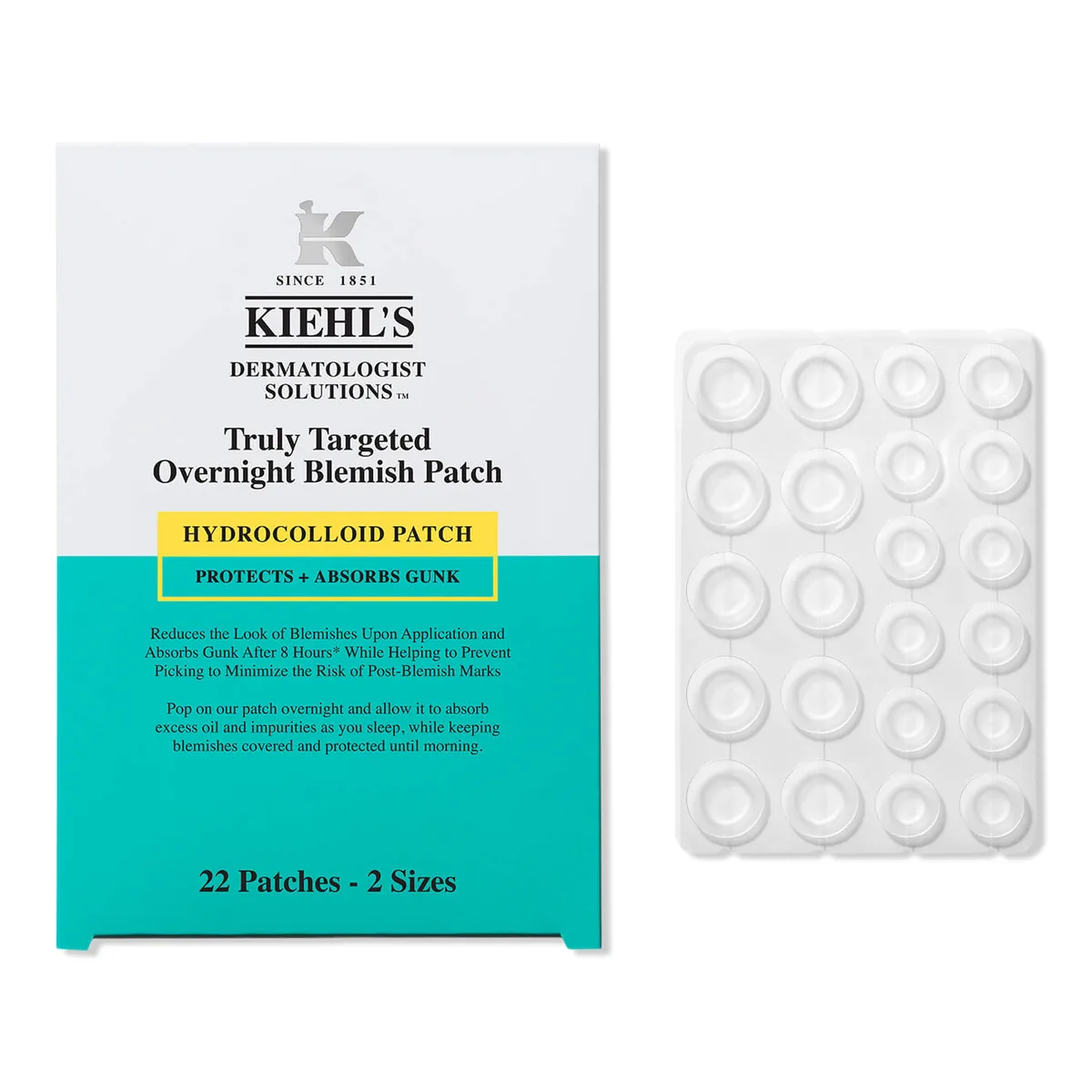 Kiehl's Truly Targeted Overnight Blemish Patch box with a sheet of hydrocolloid patches