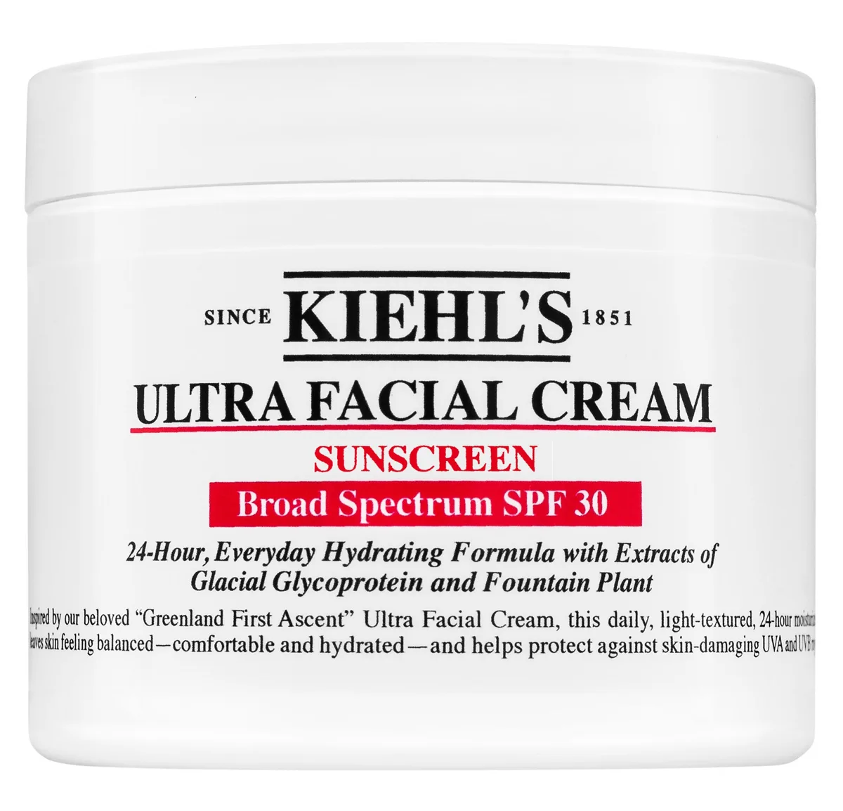 Kiehl's Ultra Facial Cream with Sunscreen SPF 30 jar on white background