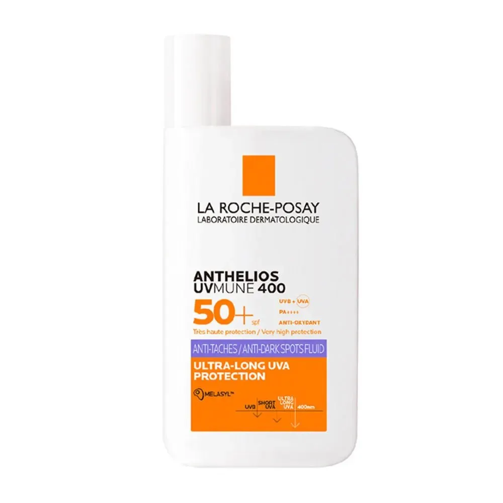 La Roche-Posay Anthelios UVMune 400 Anti-Dark Spots Fluid SPF 50+ tube on white background