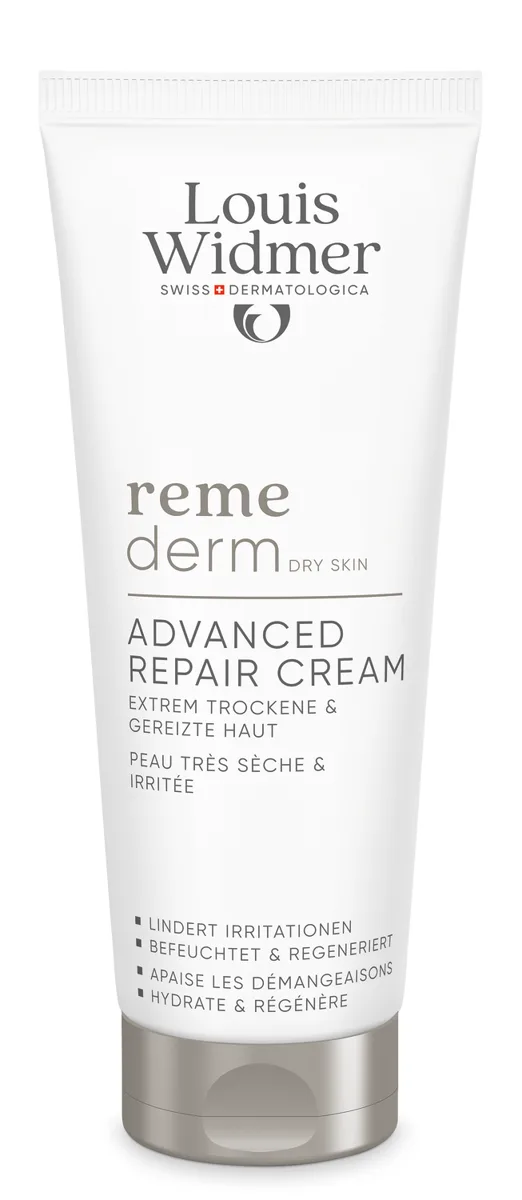 Louis Widmer Remederm Advanced Repair Cream tube, Swiss medical-grade barrier cream with urea, panthenol, microsilver and borage oil